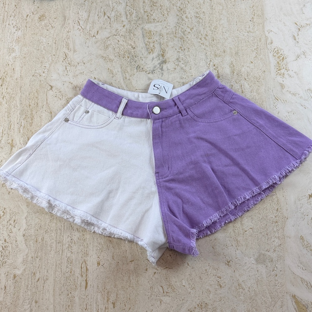 Kelsis flair color block, denim shorts, purple women’s small
